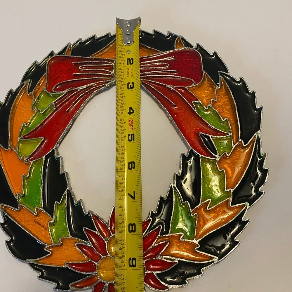 Stained Glass Christmas Wreath 10”Hanging Vintage Festive Sun Catcher